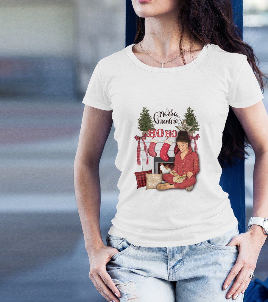Merry Christmas Ho Ho Ho Girl By Fireplace With Stockings And Christmas Tree Decor T-Shirt