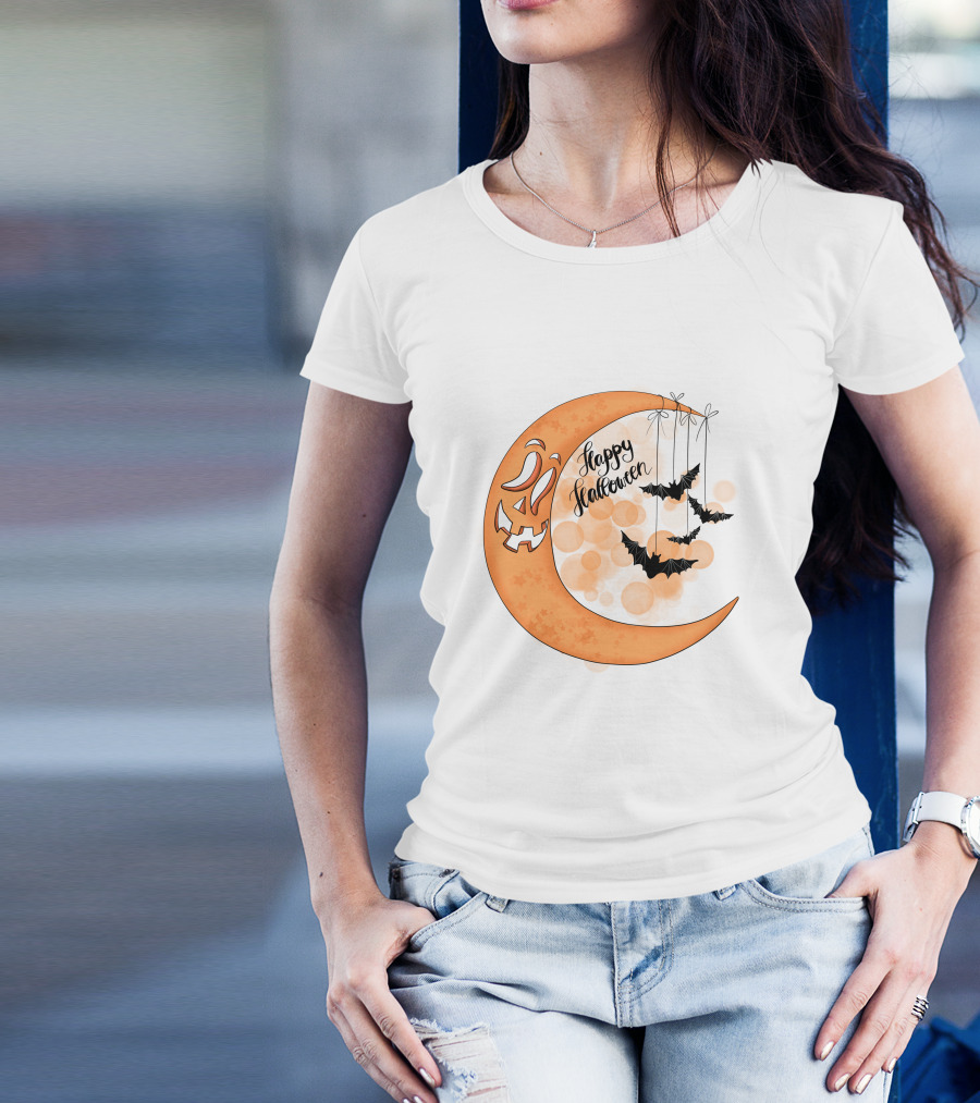 Happy Halloween Moon With Bats And Jack-O'-Lantern Face T-Shirt
