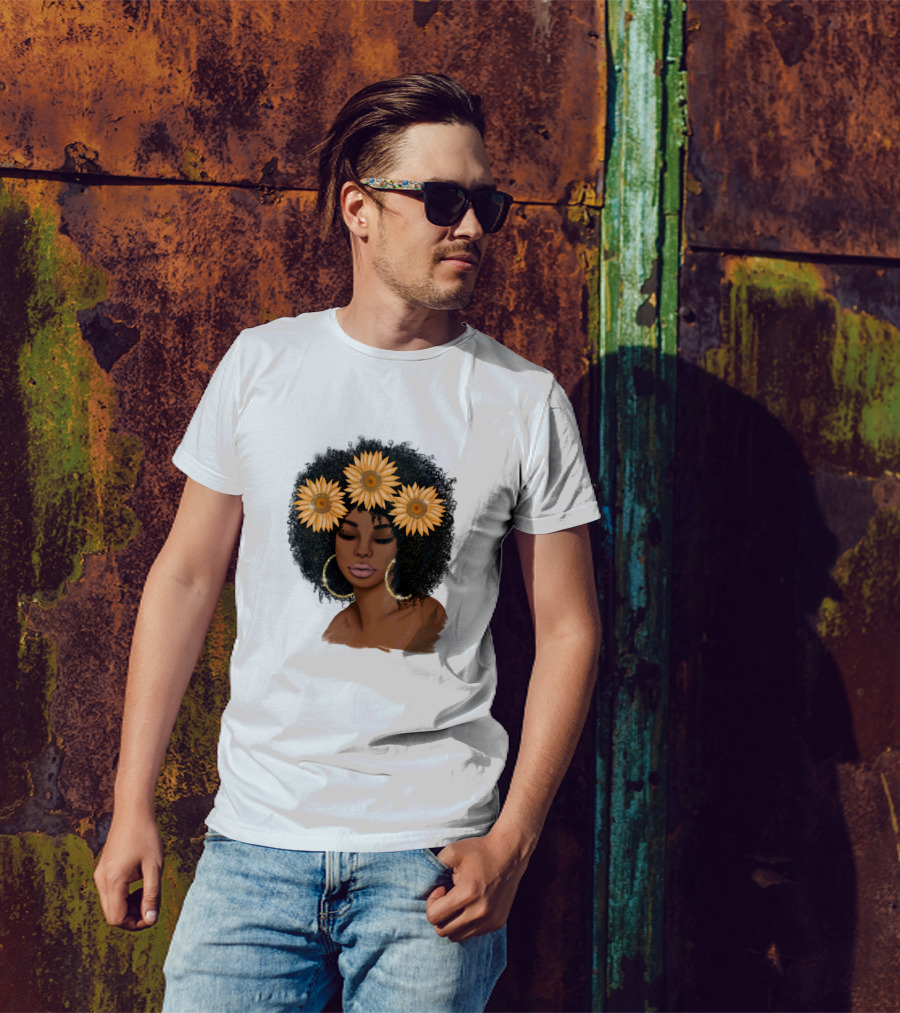Afro Woman With Sunflowers And Hoop Earrings T-Shirt