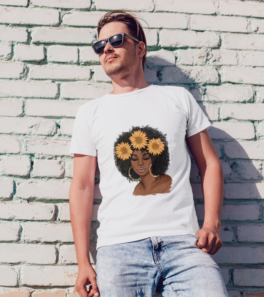 Afro Woman With Sunflowers And Hoop Earrings T-Shirt