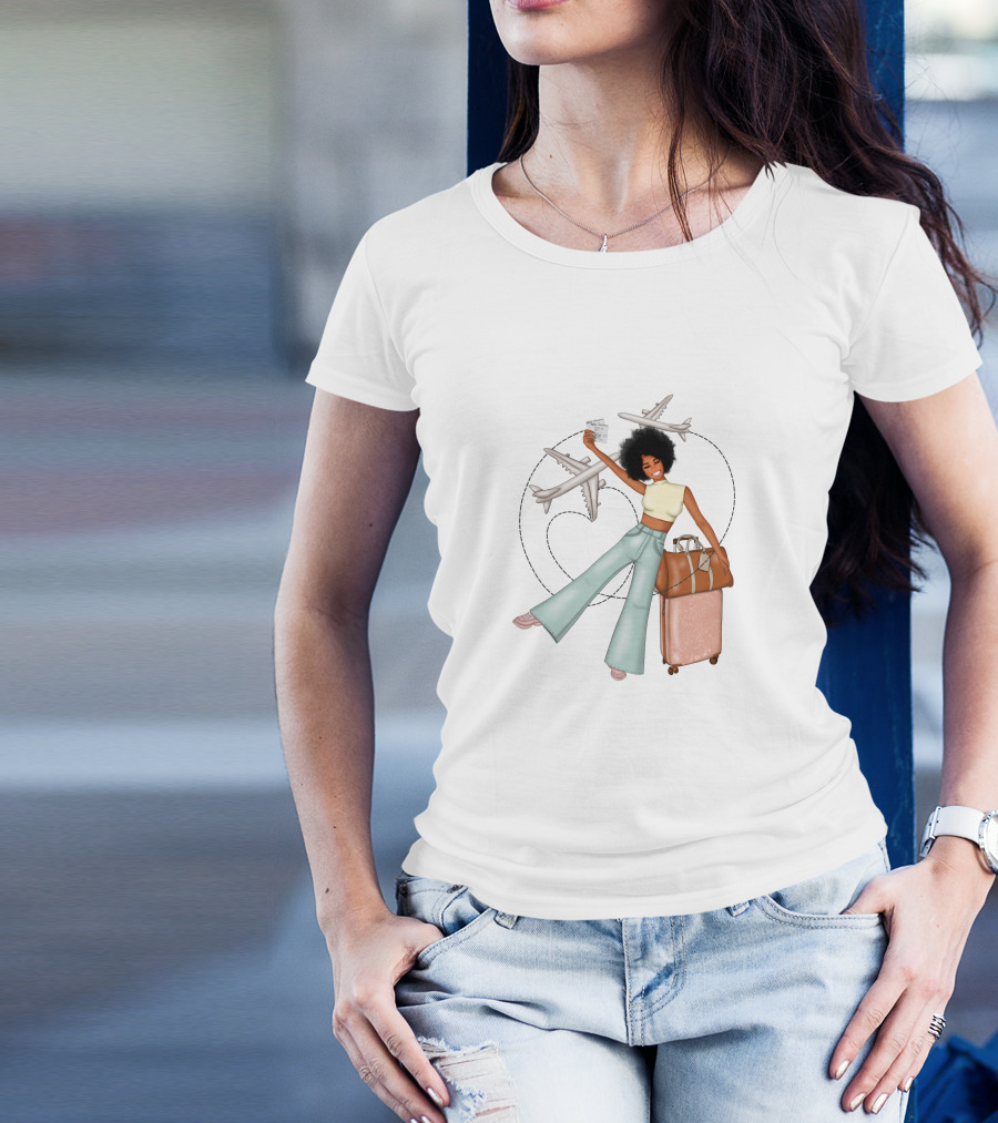 Traveling African American Girl With Suitcase And Airplanes T-Shirt
