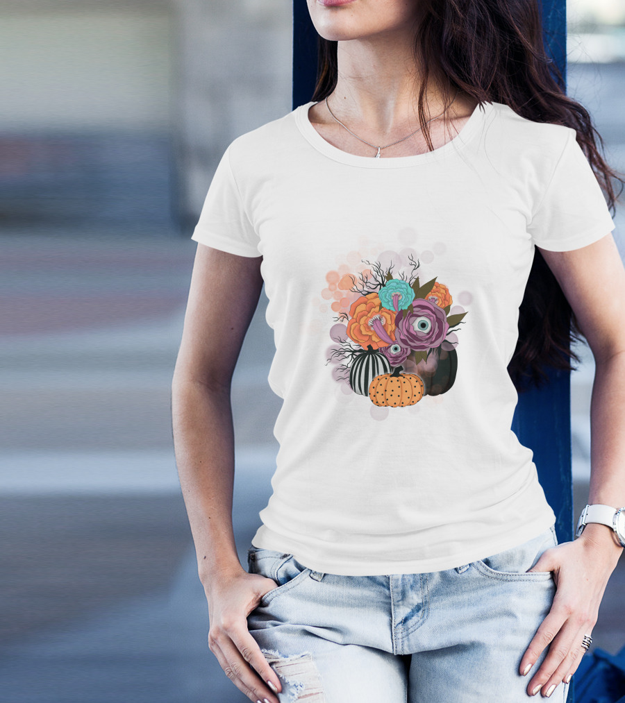 Whimsical Halloween Pumpkin Floral Arrangement With Eyeball Flowers T-Shirt