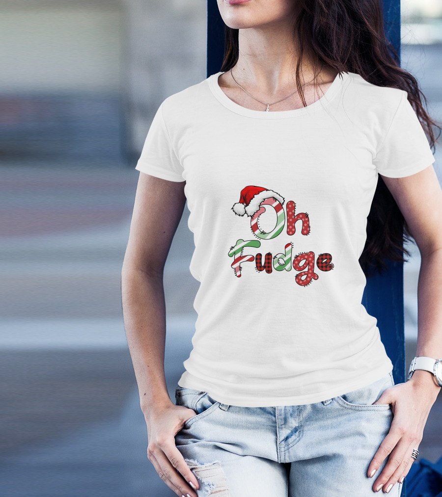 Oh Fudge Christmas Santa Hat Candy Cane Festive Lettering T-Shirt