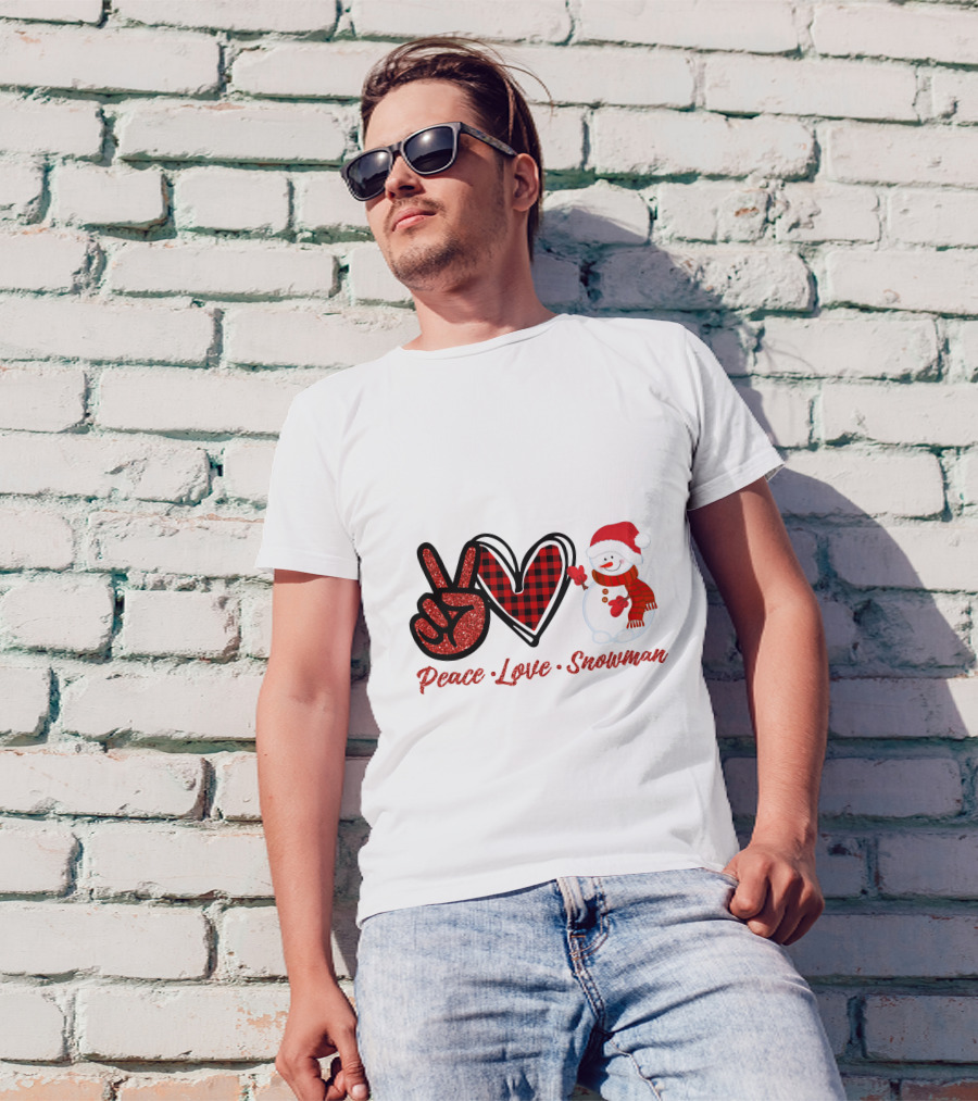 Peace Love Snowman Plaid Heart Glitter Peace Sign T-Shirt