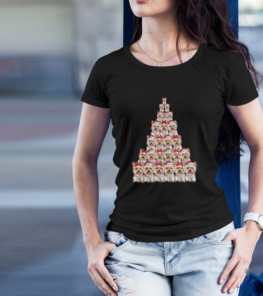 Christmas Yorkshire Terrier Santa Hat Tree T-Shirt