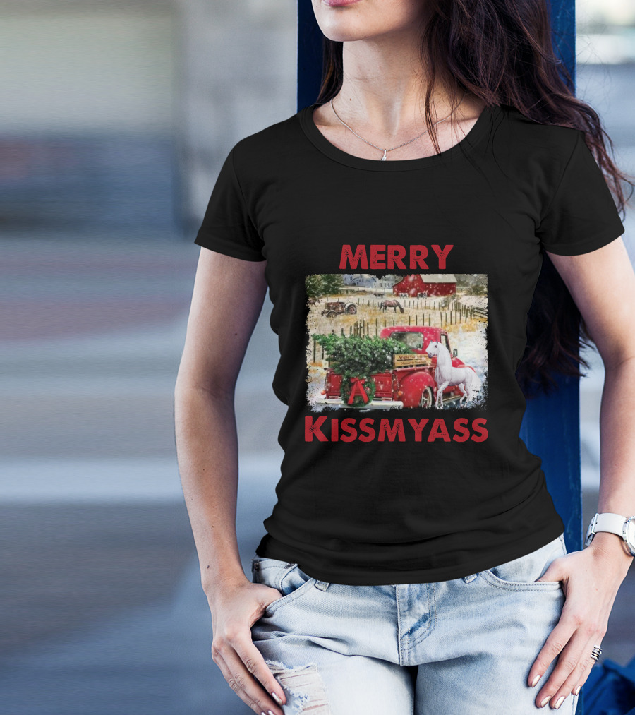 Merry Kissmyass Vintage Truck Christmas Scene With Horse In Snowy Farm Landscape T-Shirt