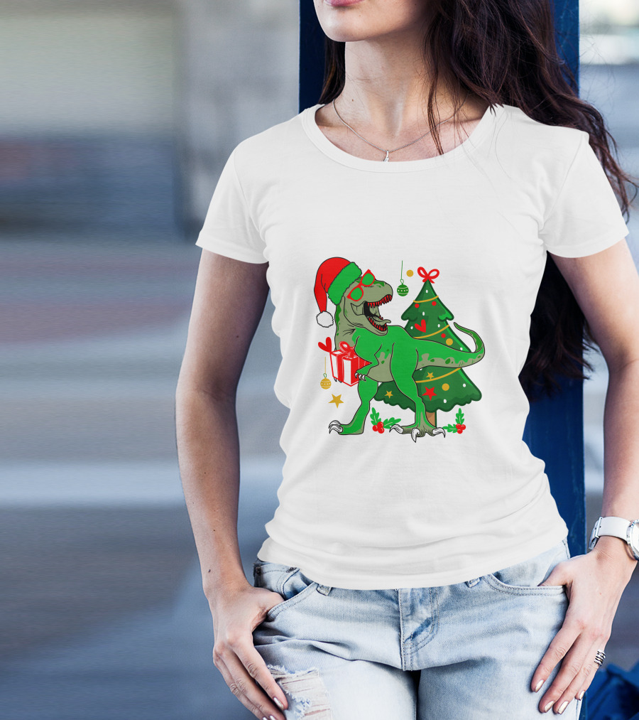 Christmas Dinosaur Santa With Tree And Gift T-Shirt