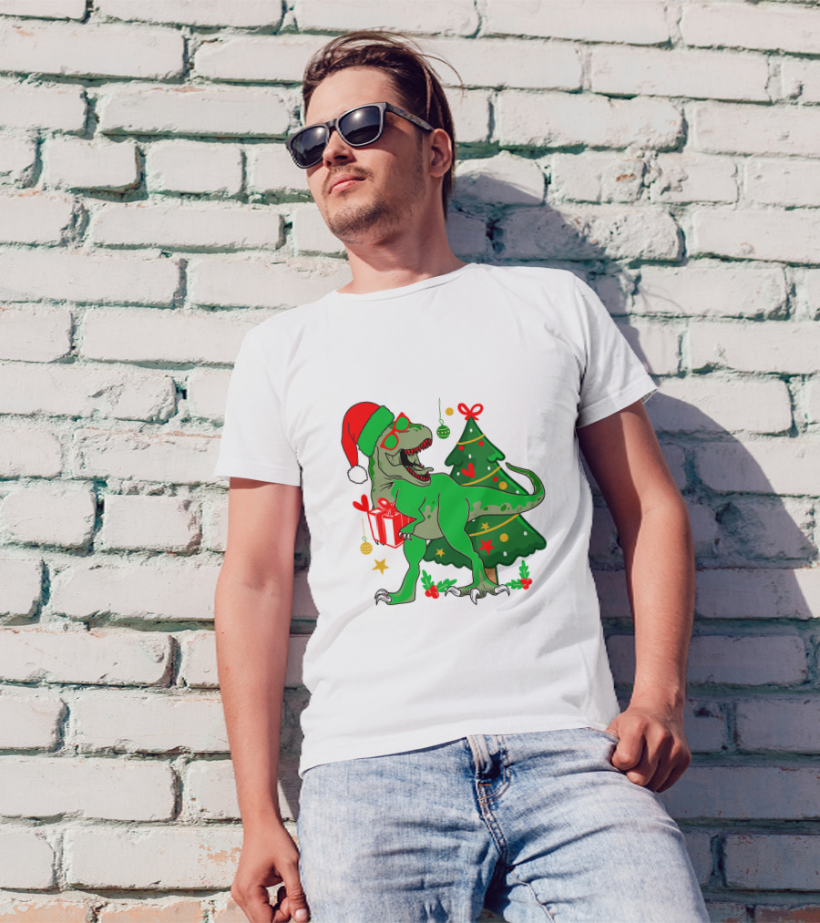 Christmas Dinosaur Santa With Tree And Gift T-Shirt