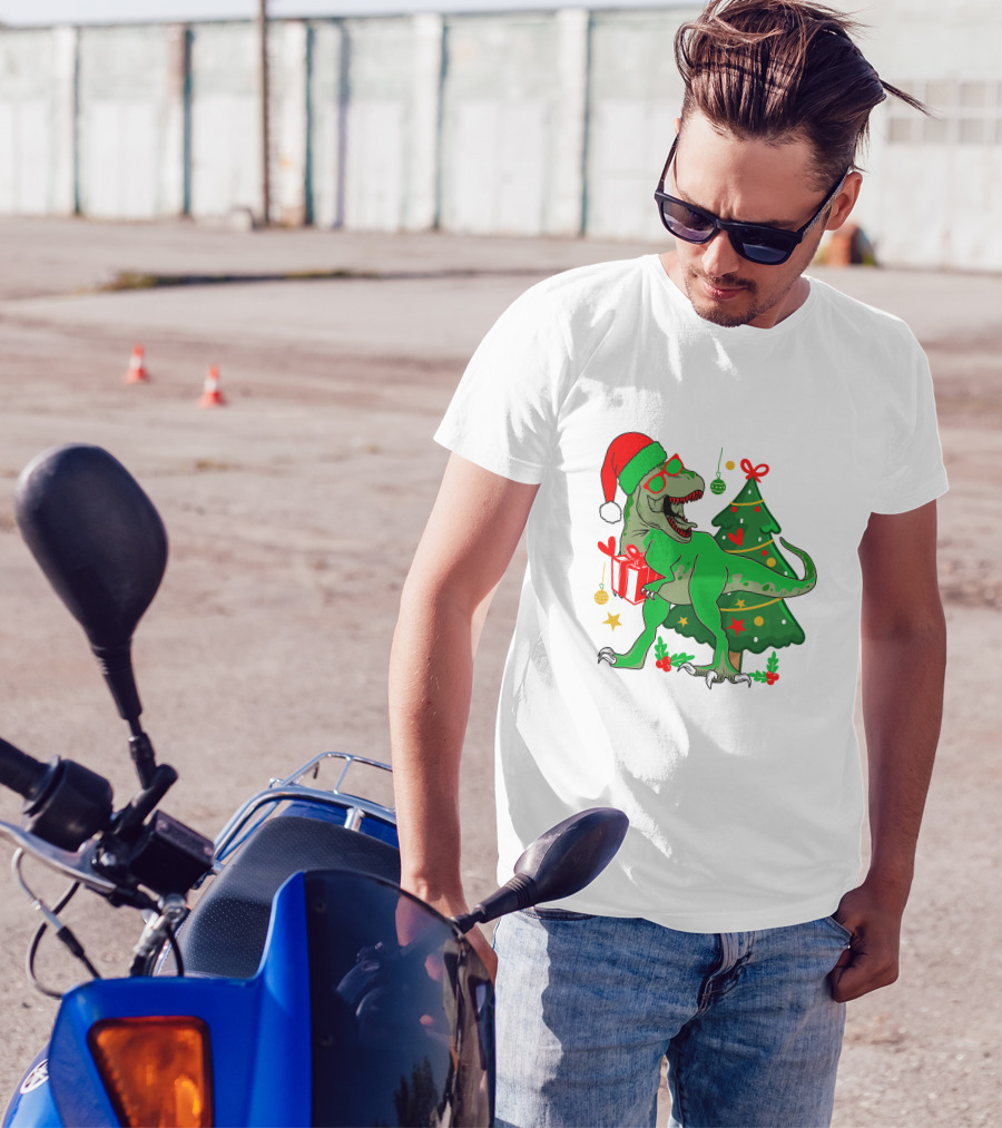 Christmas Dinosaur Santa With Tree And Gift T-Shirt