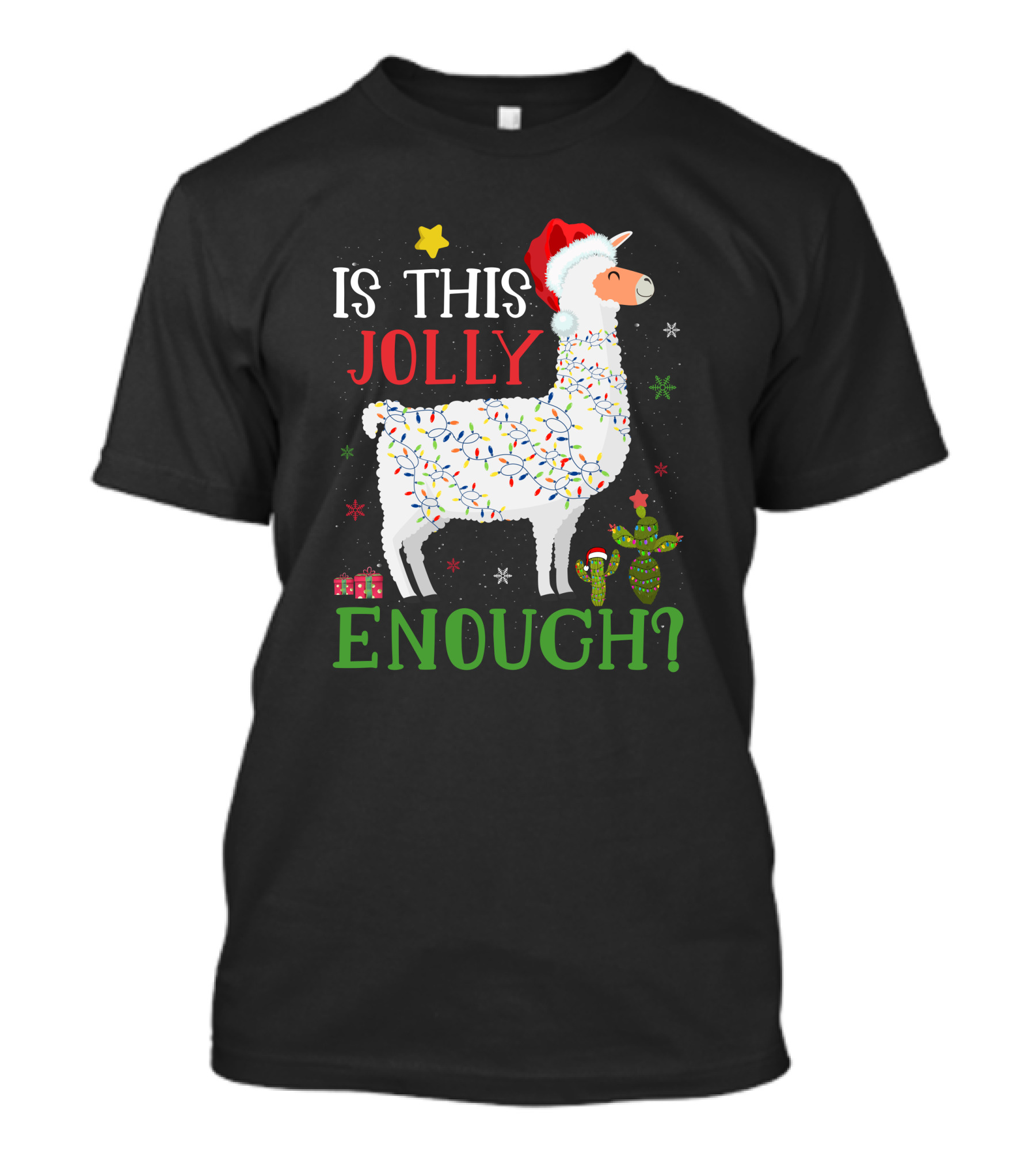 Is This Jolly Enough Christmas Lights Llama Santa Hat T-Shirt