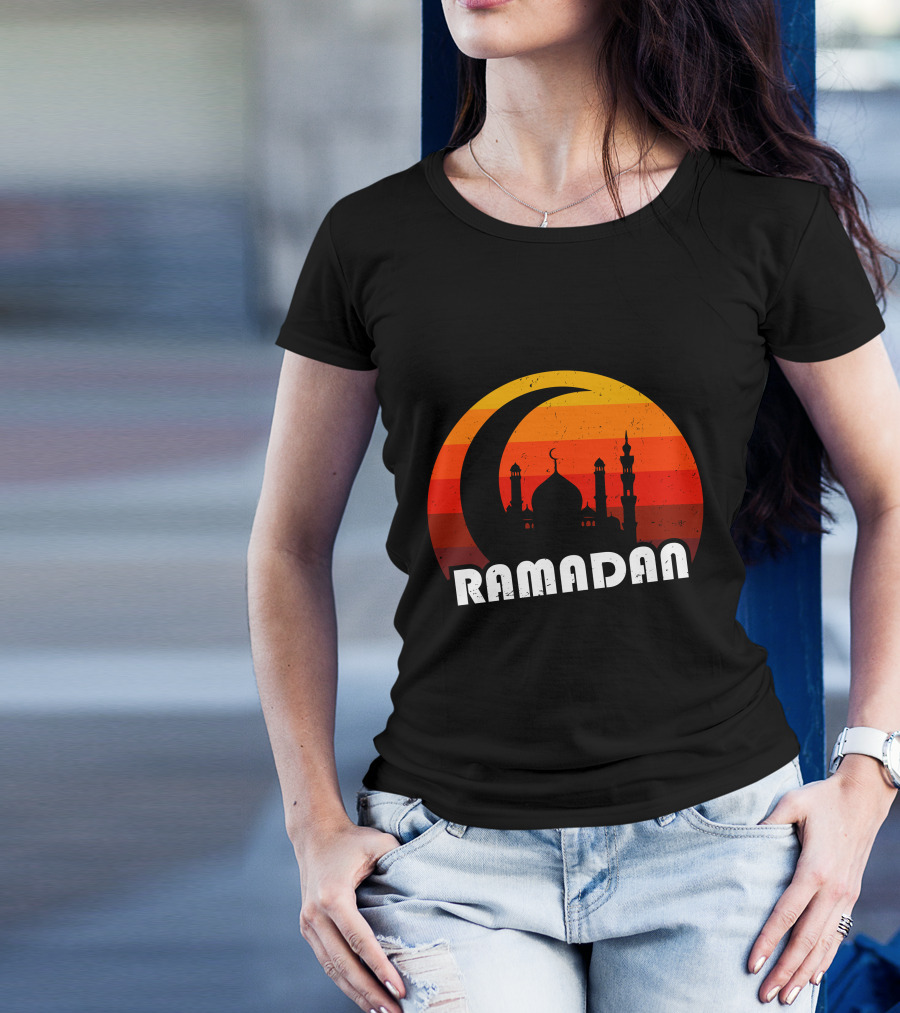 Ramadan Mosque Silhouette Crescent Moon Sunset Background T-Shirt