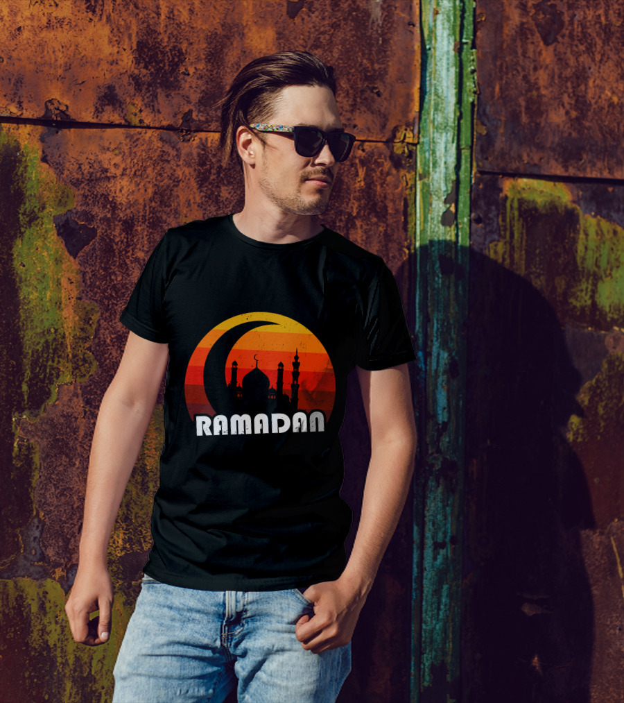 Ramadan Mosque Silhouette Crescent Moon Sunset Background T-Shirt