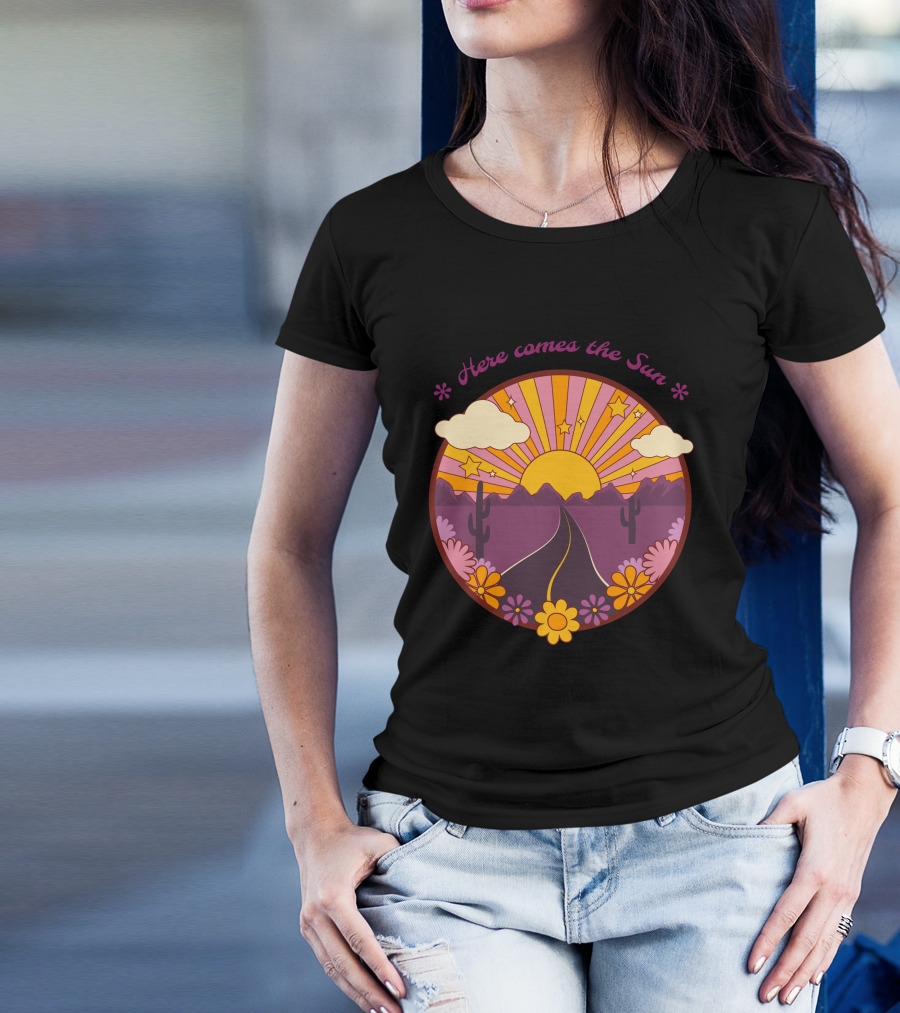 Here Comes The Sun Groovy Sunburst Desert Road With Flowers And Stars T-Shirt