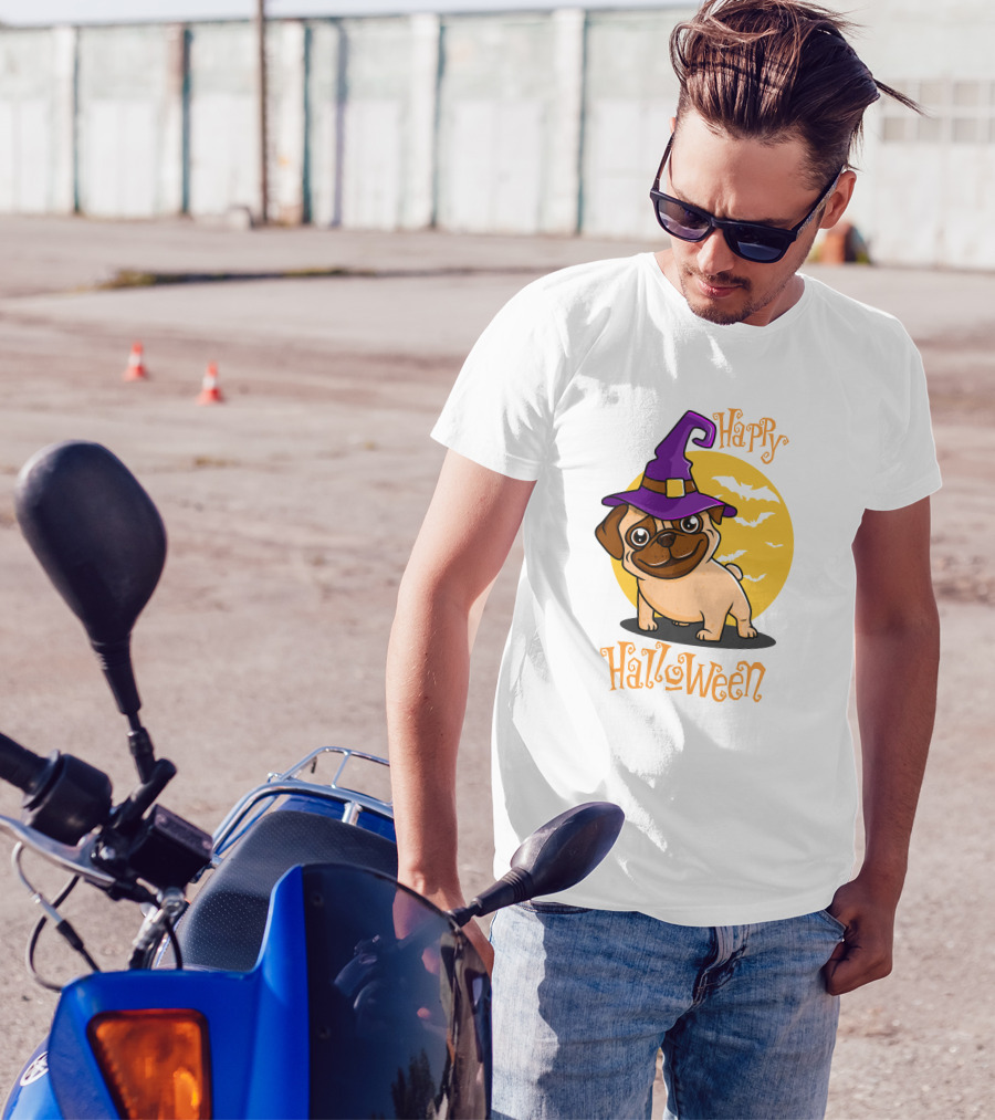 Happy Halloween Dog Witch Hat Full Moon Bats T-Shirt