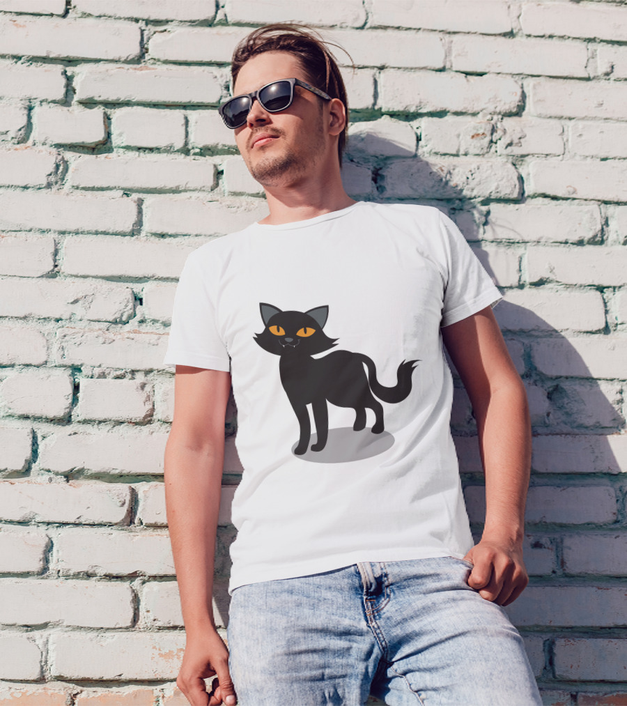 Cartoon Black Cat Illustration With Orange Eyes And Shadow T-Shirt