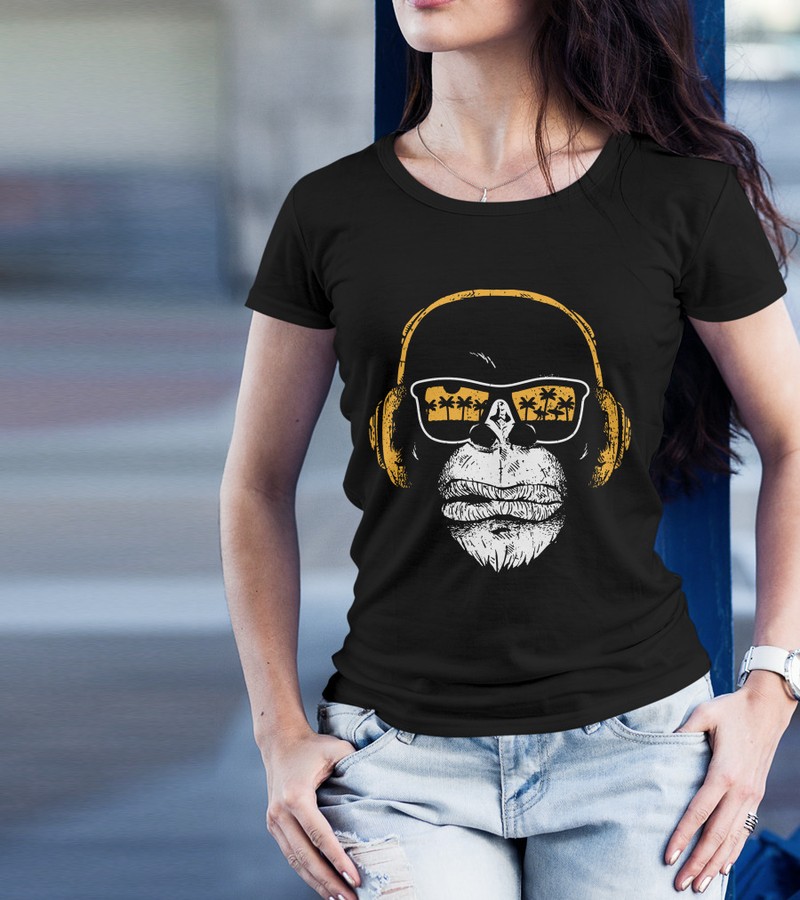 Monkey With DJ Headphones Sunglasses Palm Trees T-Shirt