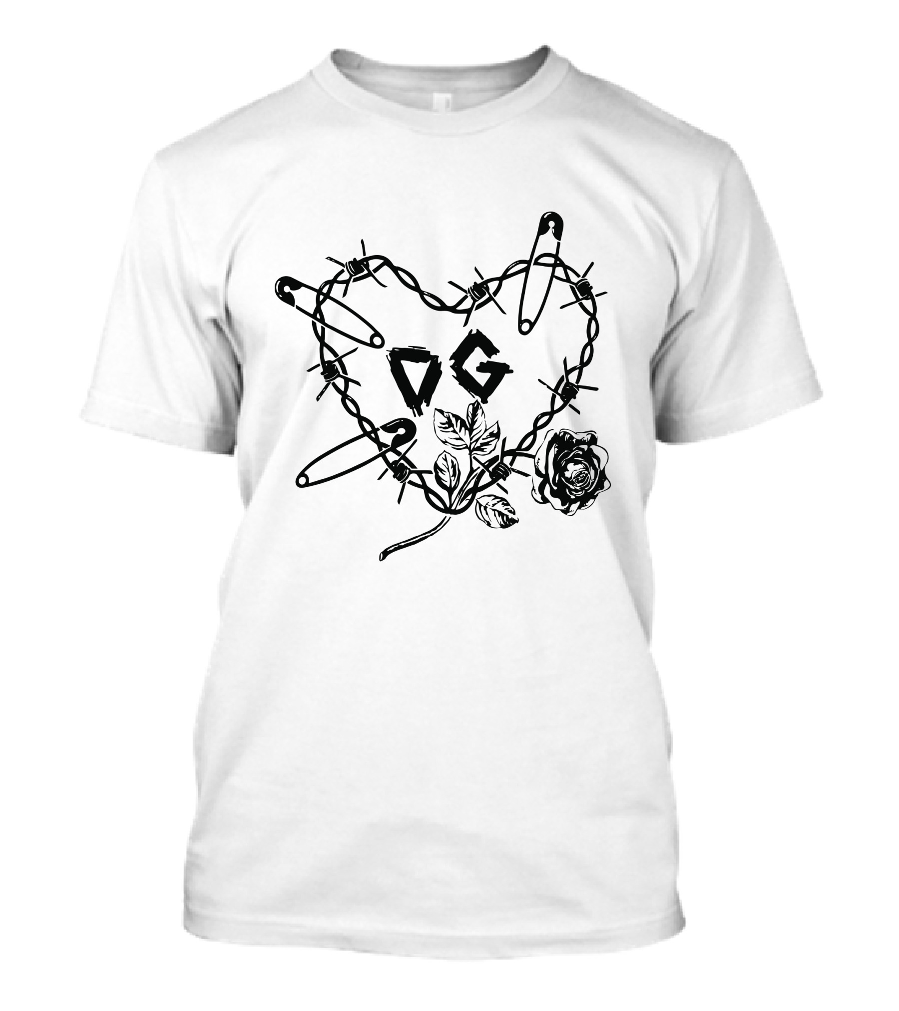 DG Barbed Wire Heart Safety Pin Rose Print T-Shirt