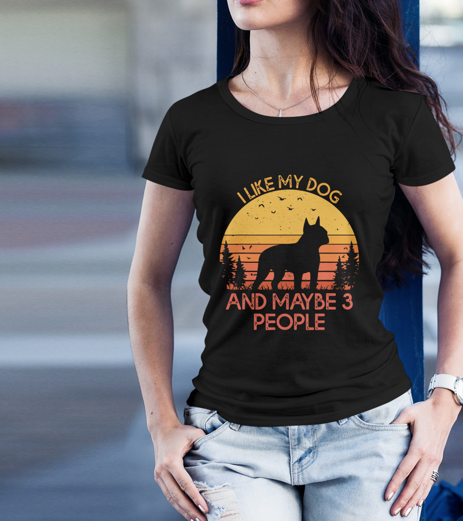I Like My Dog And Maybe 3 People Sunset Silhouette With Trees And Birds T-Shirt