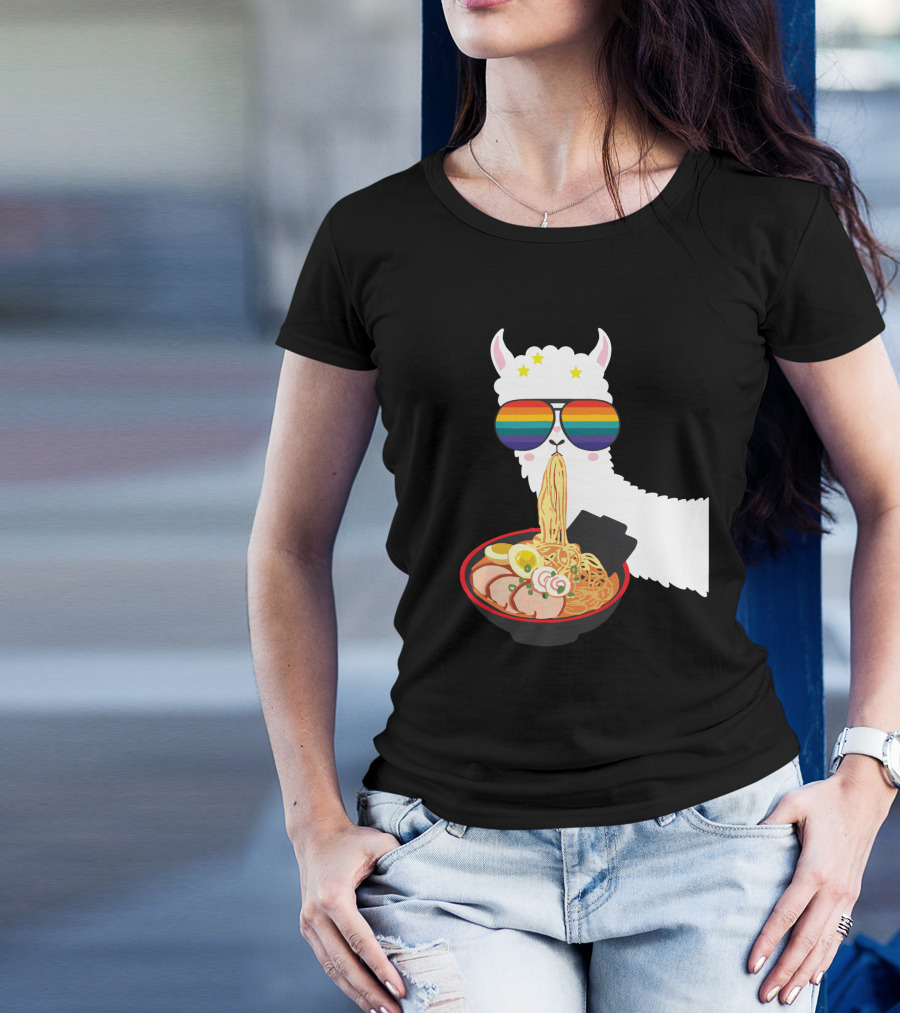 Rainbow Sunglasses LLama Eating Ramen Japanese Anime T-Shirt