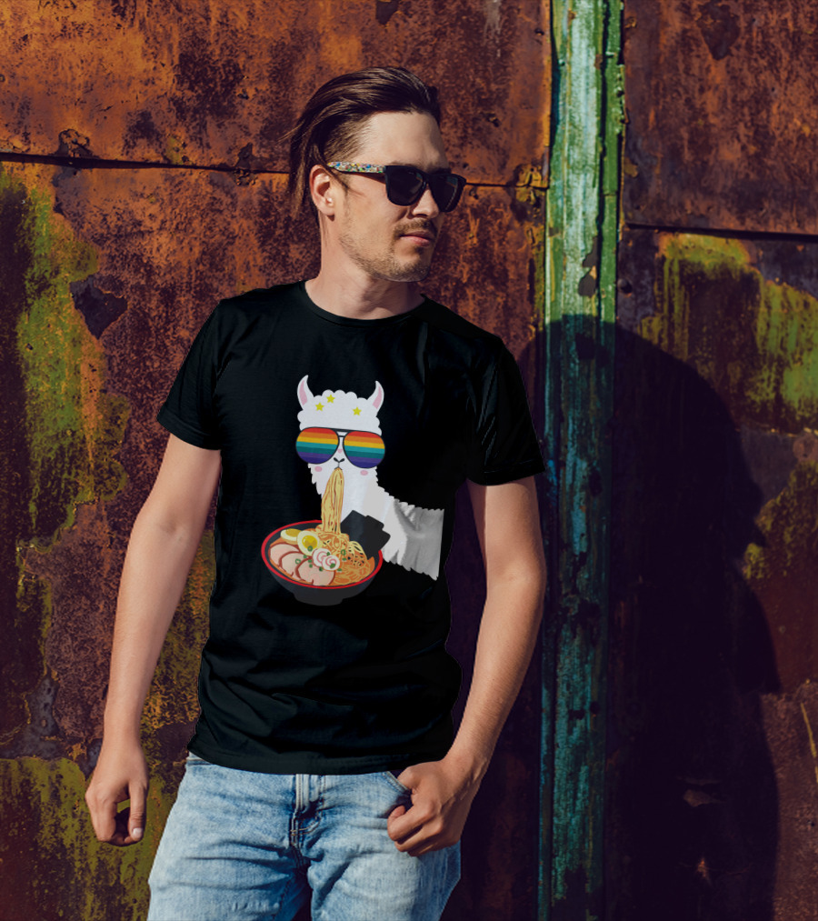 Rainbow Sunglasses LLama Eating Ramen Japanese Anime T-Shirt