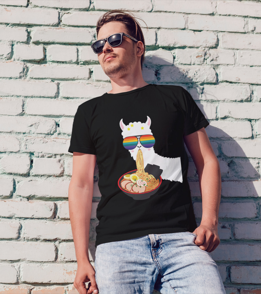 Rainbow Sunglasses LLama Eating Ramen Japanese Anime T-Shirt