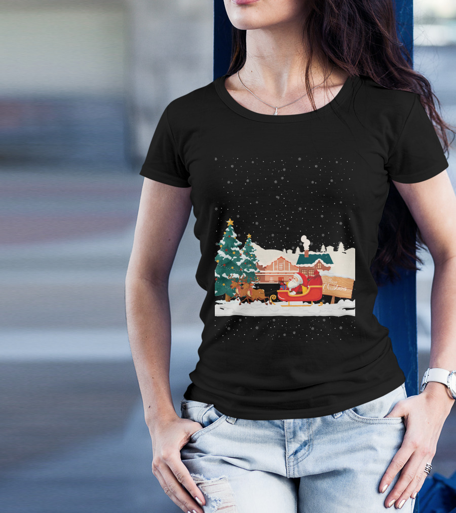 Merry Christmas Santa Claus Reindeer Sleigh Winter Scene T-Shirt