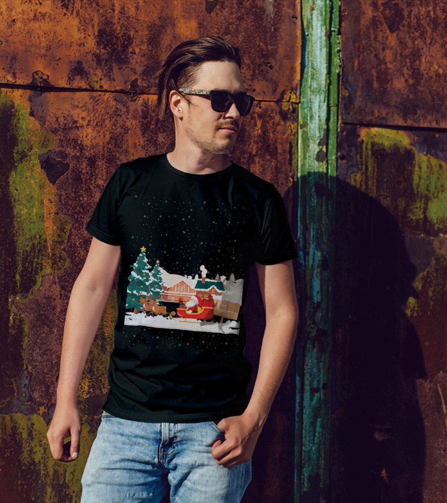 Merry Christmas Santa Claus Reindeer Sleigh Winter Scene T-Shirt