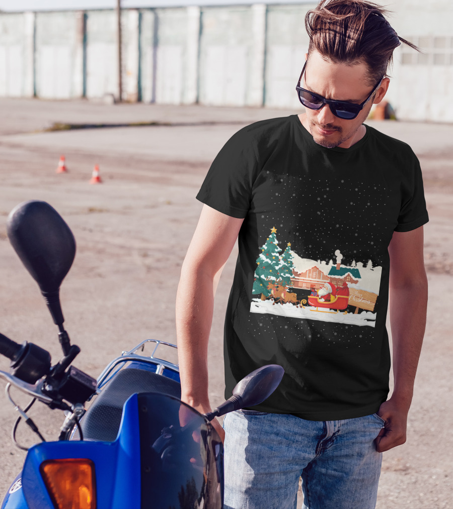 Merry Christmas Santa Claus Reindeer Sleigh Winter Scene T-Shirt