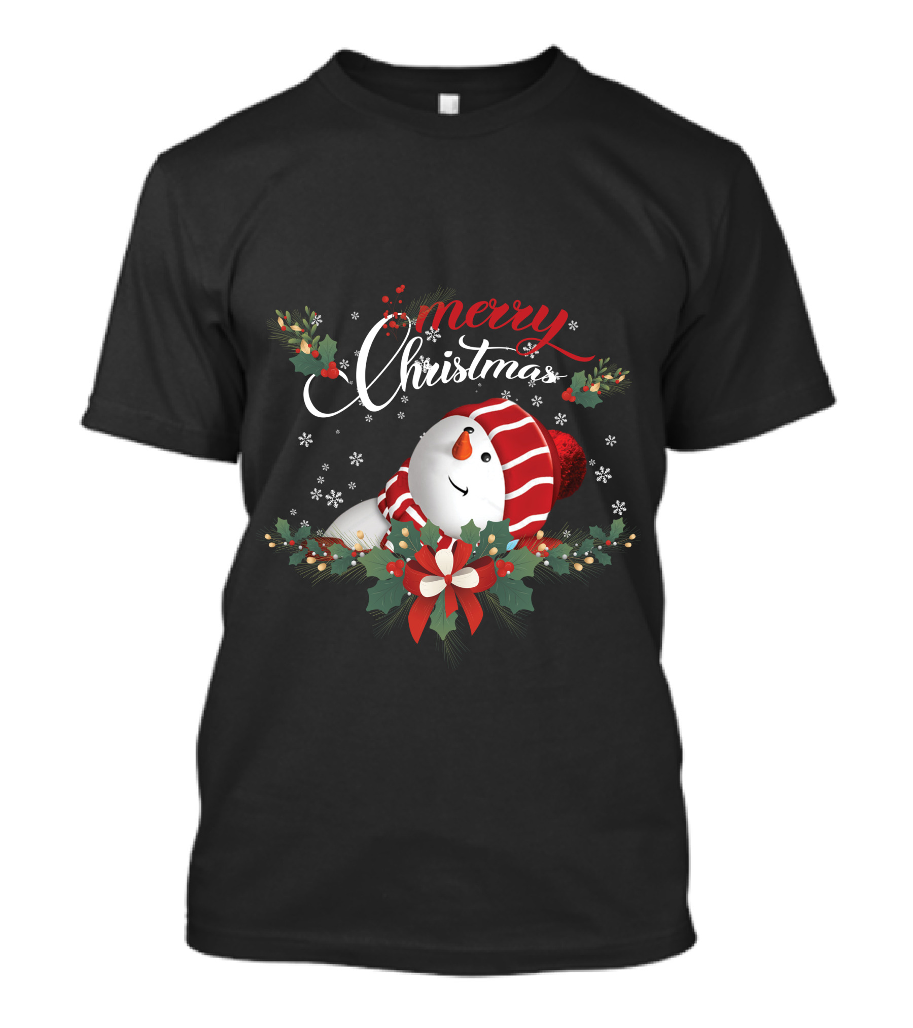 Merry Christmas Snowman With Holly And Snowflakes T-Shirt