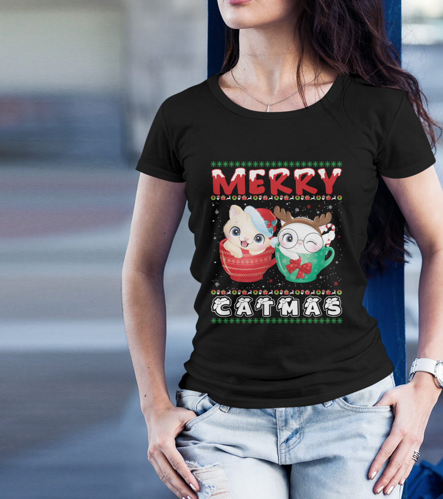 Merry Catmas With Festive Cats In Holiday Mugs T-Shirt