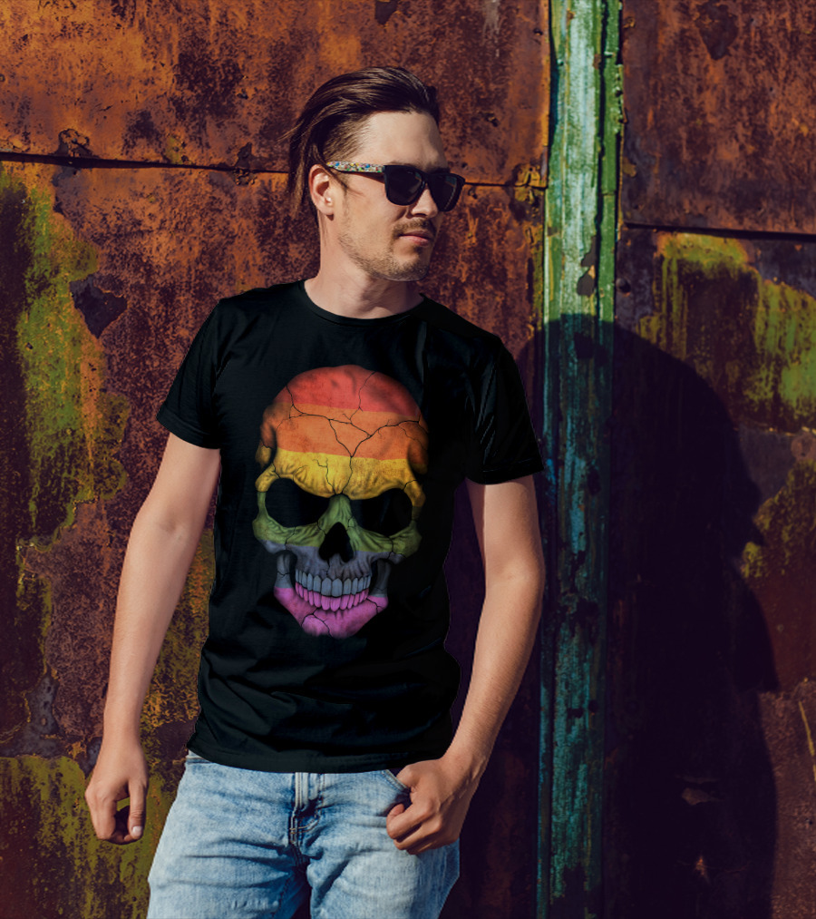 Gay Pride Rainbow Flag Skull Cracked Texture T-Shirt