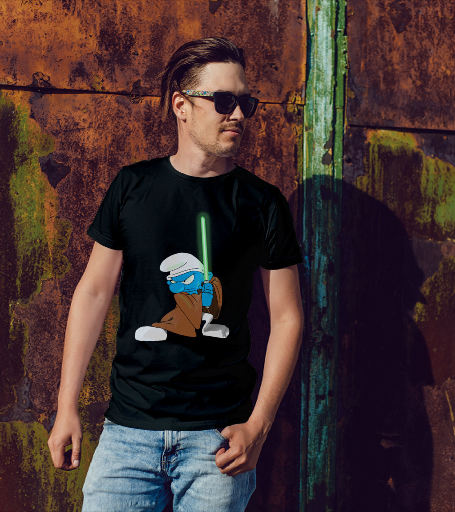 Smurf Jedi With Green Lightsaber In Star Wars-Inspired Crossover T-Shirt