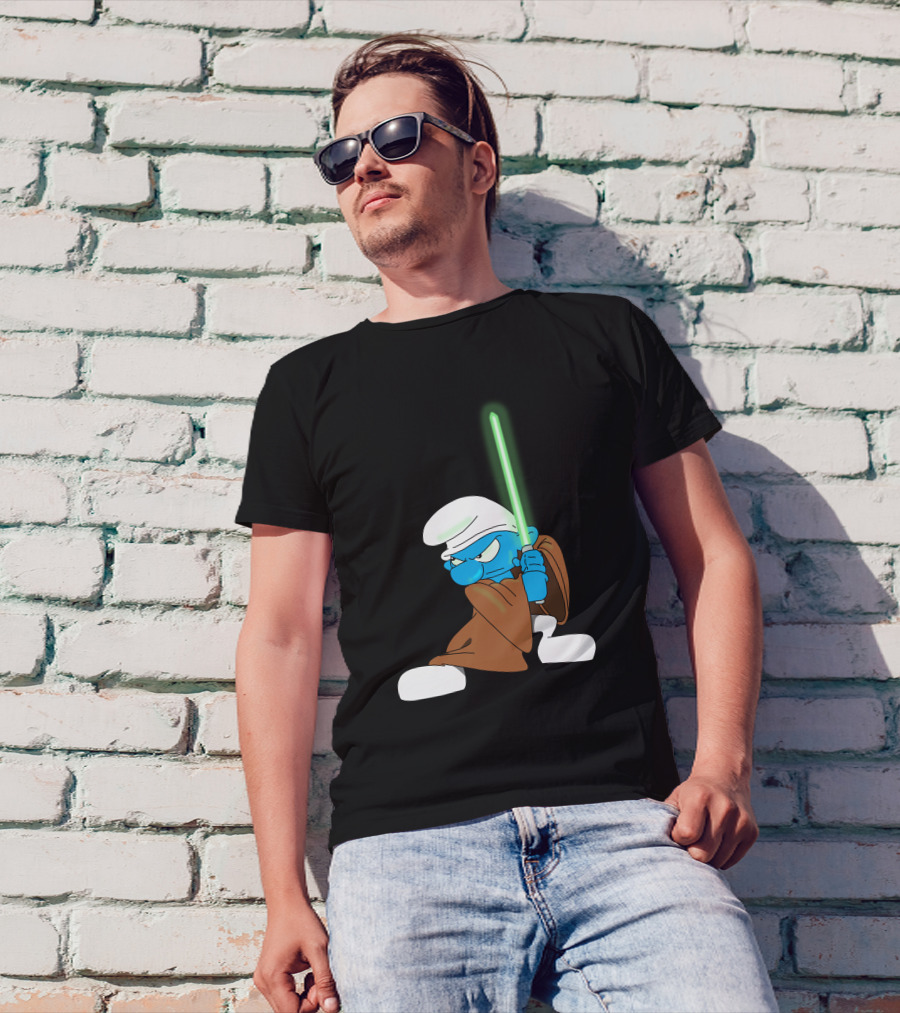 Smurf Jedi With Green Lightsaber In Star Wars-Inspired Crossover T-Shirt