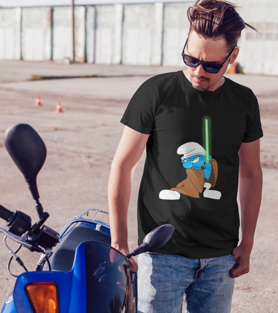 Smurf Jedi With Green Lightsaber In Star Wars-Inspired Crossover T-Shirt