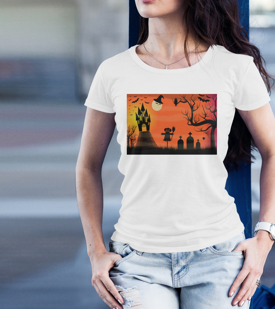 Halloween Haunted Castle Silhouette With Bats And Graveyard Scene T-Shirt