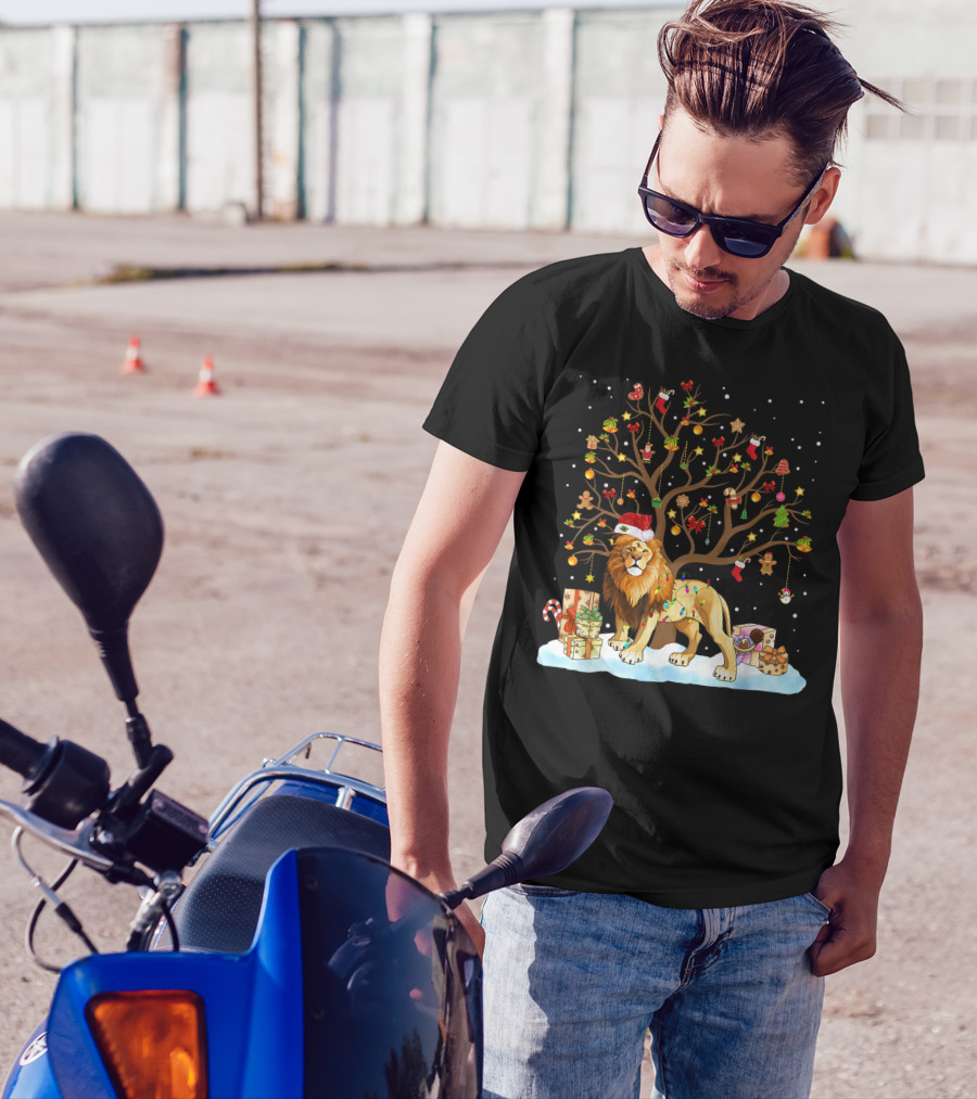 Lion With Christmas Tree Ornaments And Gifts T-Shirt