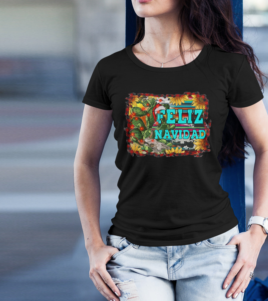 Feliz Navidad Western Country Christmas Texas Cactus Serape Sunflowers T-Shirt