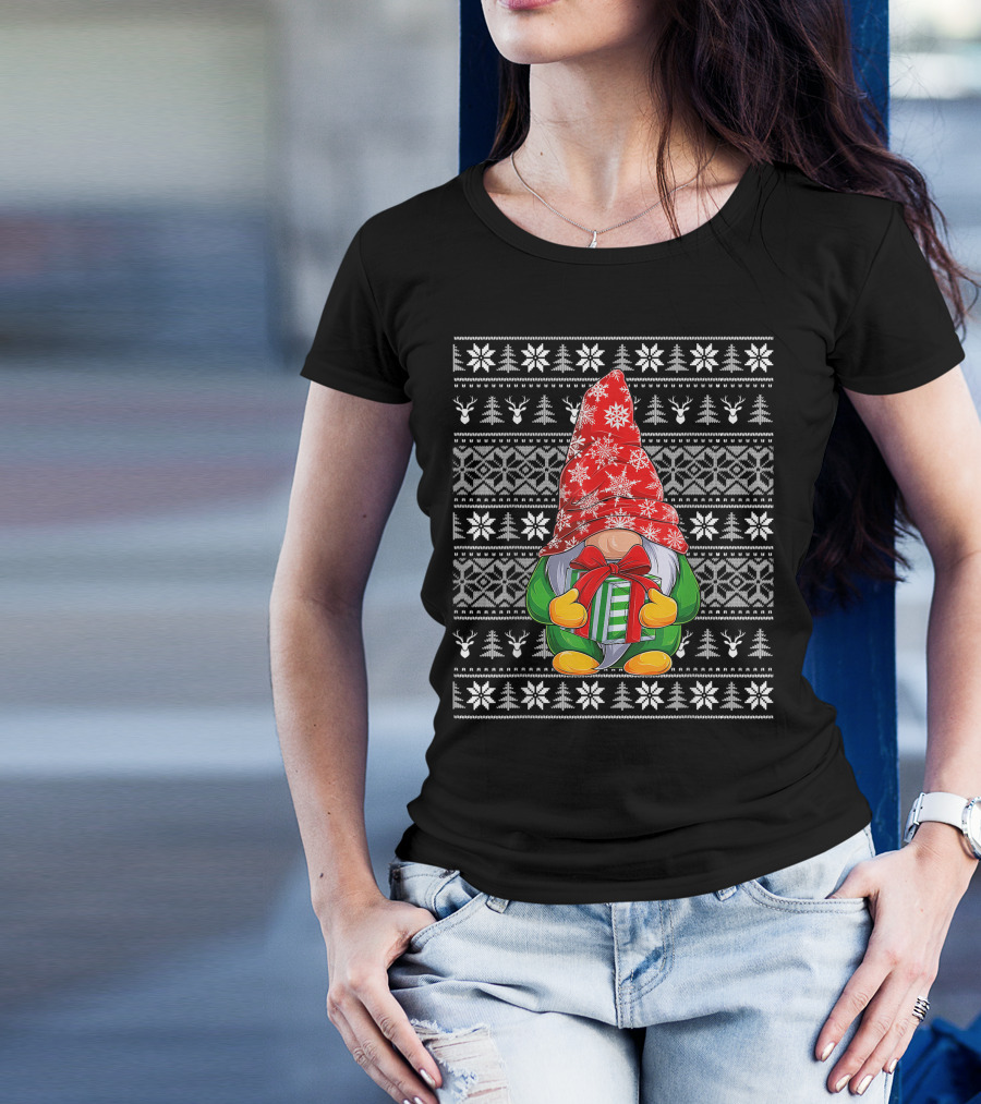 Ugly Christmas Sweater Gnome Holding Gifts With Snowflake Hat T-Shirt