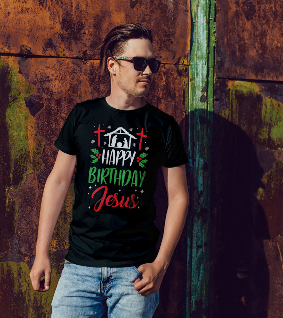 Happy Birthday Jesus Holiday Nativity Crosses Holly Motif T-Shirt