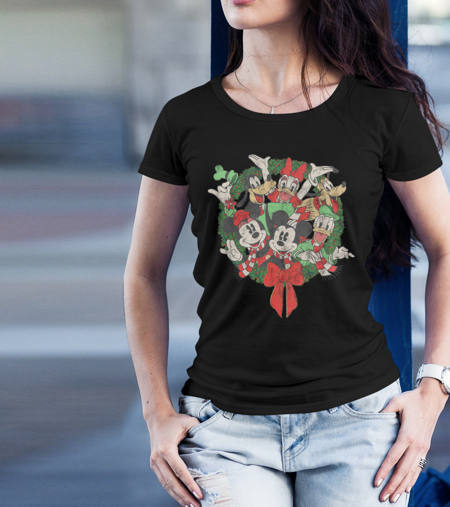 Disney Christmas Characters In Festive Wreath With Mickey, Minnie, Donald, Daisy, Goofy, Pluto T-Shirt