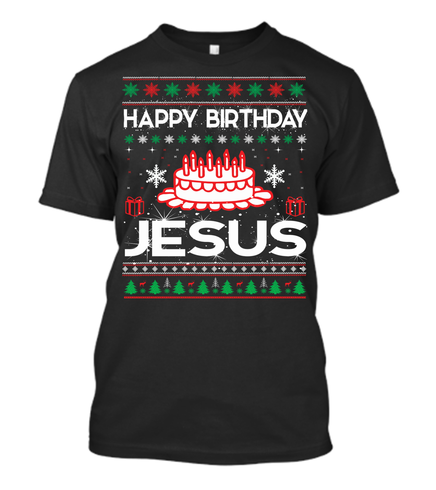 Happy Birthday Jesus Ugly Christmas Sweater Design With Cake And Snowflakes T-Shirt