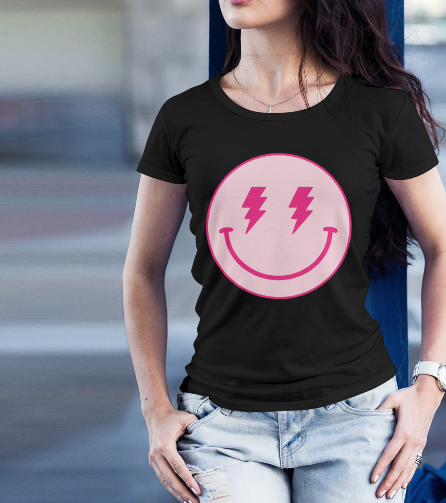 Lightning Bolt Smiley Face Pink Circle T-Shirt