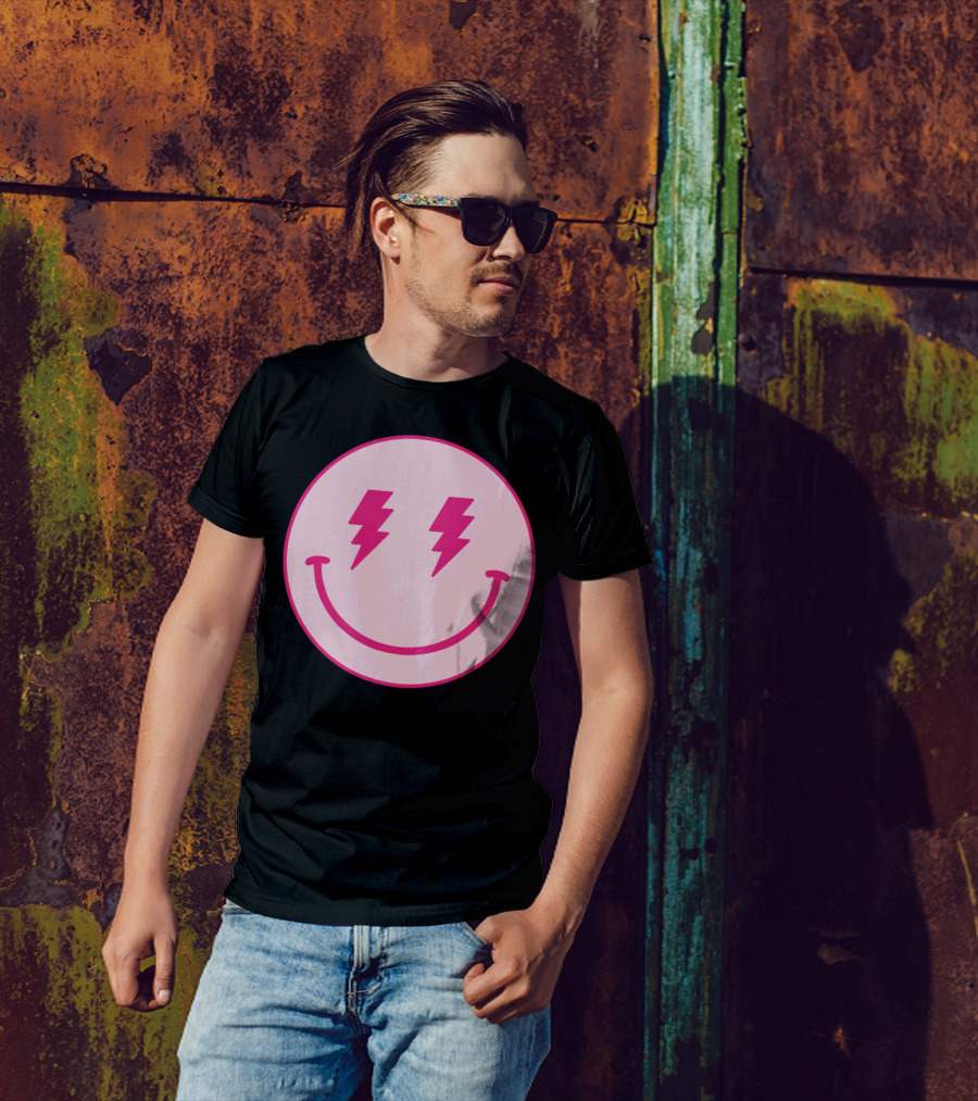 Lightning Bolt Smiley Face Pink Circle T-Shirt