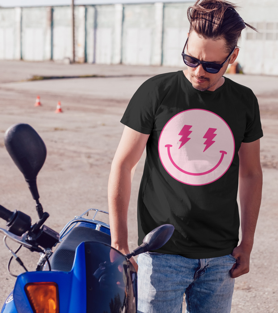 Lightning Bolt Smiley Face Pink Circle T-Shirt