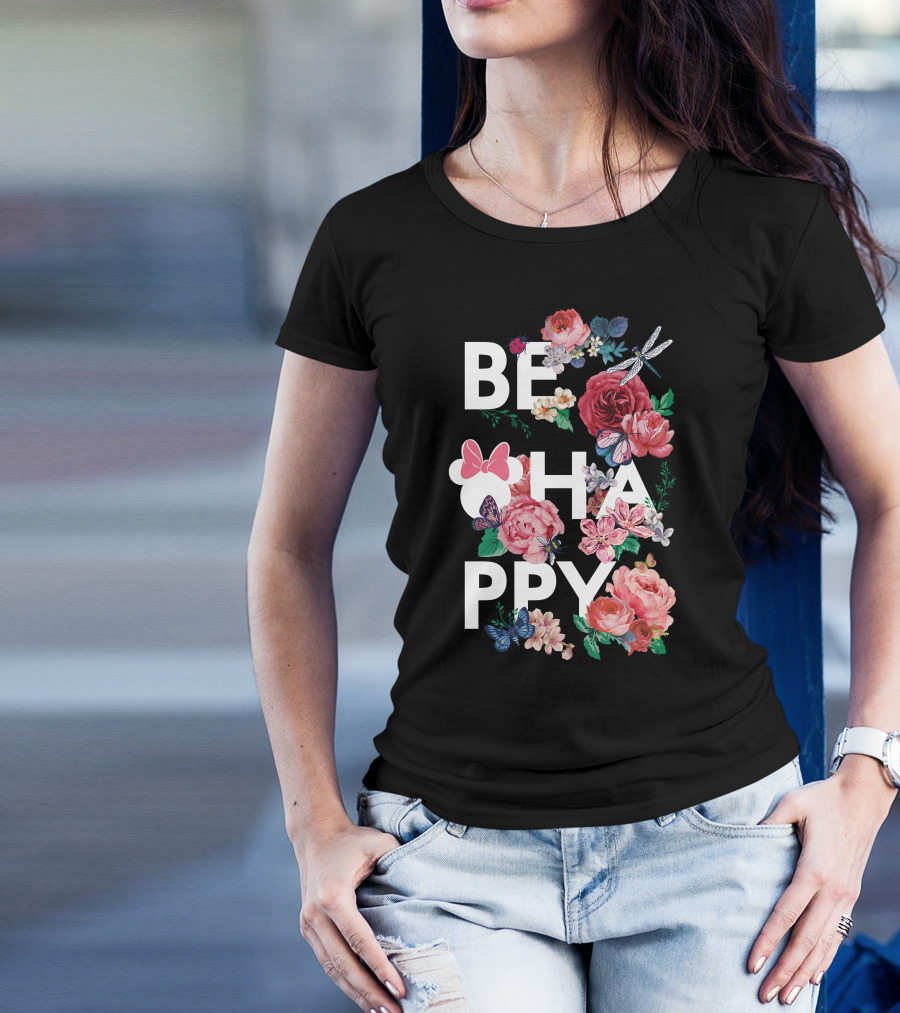 BE HAPPY Floral Minnie Mouse Butterflies And Dragonflies T-Shirt