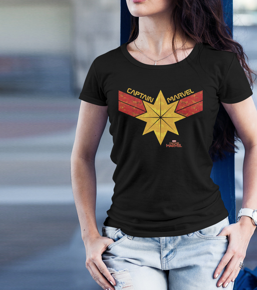 Captain Marvel Distressed Star Emblem With Red Ribbons T-Shirt