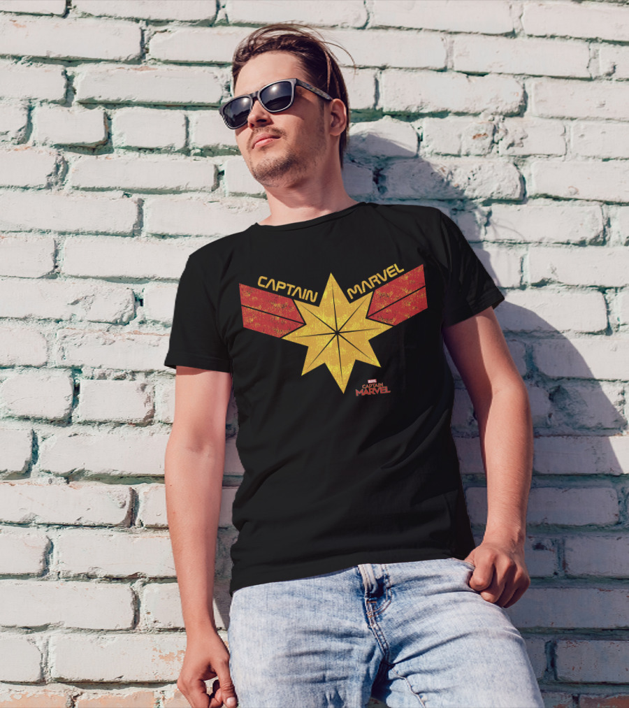 Captain Marvel Distressed Star Emblem With Red Ribbons T-Shirt