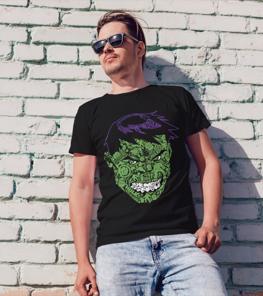 Avengers Assemble Hulk Rage Face With Smash Symbol And Purple Hair Elements T-Shirt