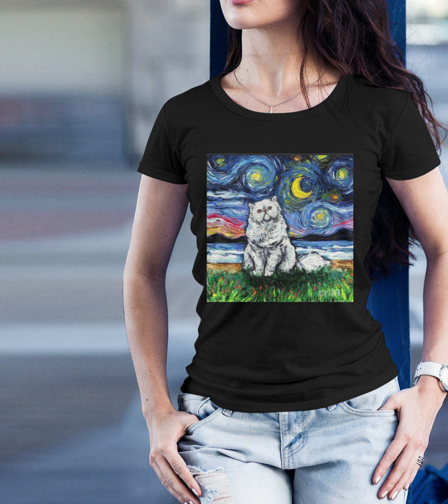 Aja Trier Starry Night Persian Cat Painting T-Shirt