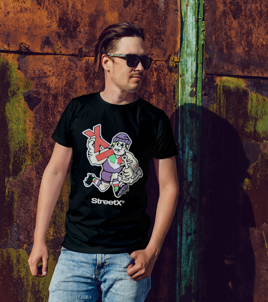 Fremantle Dockers Mens Street X AFL 90s Mascot Character With Anchor And Red X T-Shirt